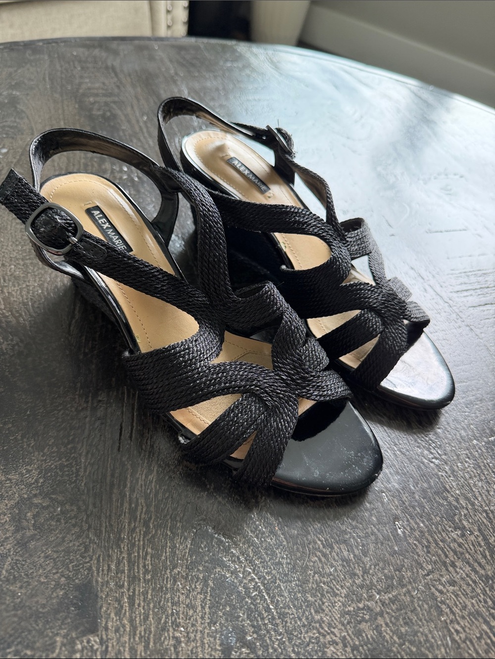 Alex Marie Black Woven Strappy Slingback Heels